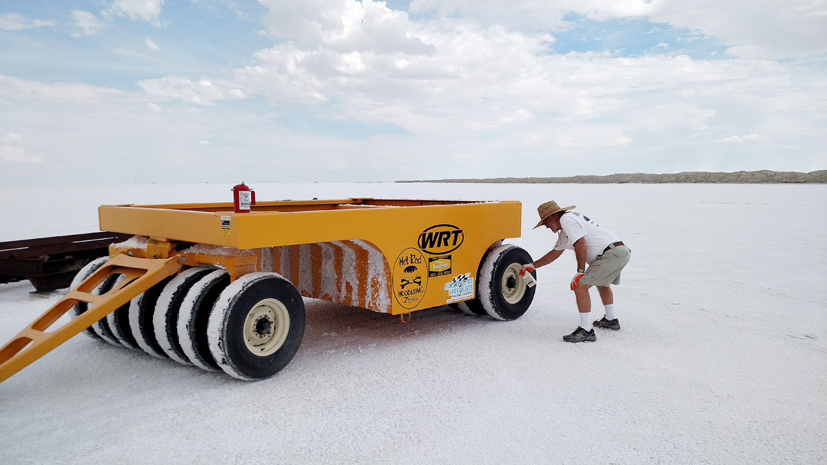 Grooming Salt on Bonneville Salt Flats - Saltpfoofing the Wheel Packer and preserving it in this extreme environment..