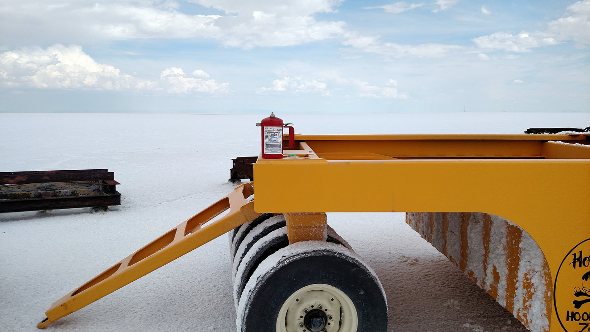 Saltpfroofing Canister Sitting on Wheel Packer during Grooming of the Bonneville Salt Flats for seasonal activities..