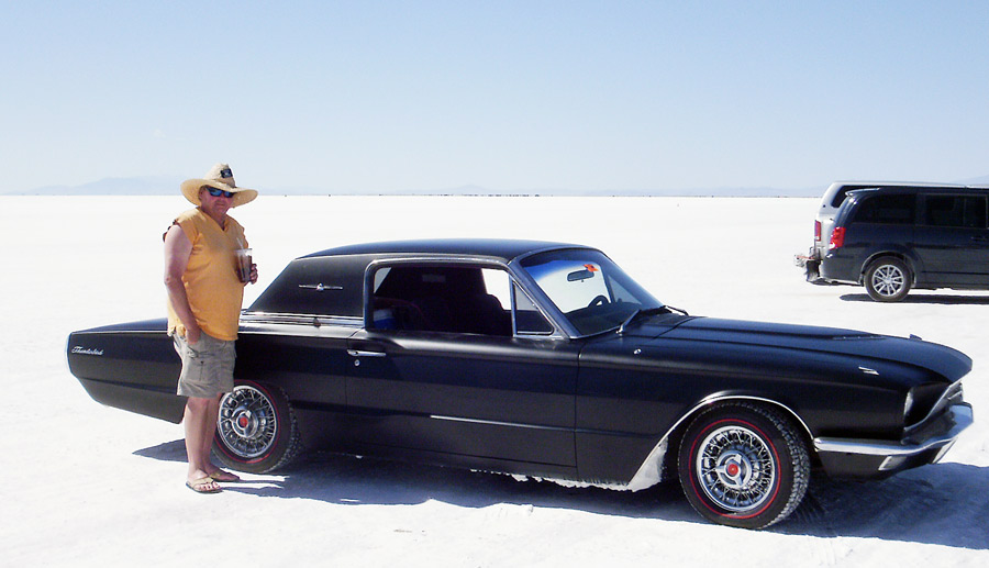Saltpfroofed T Bird - this spectator comes to the Bonneville Salt Flats with that vehicle all the way from Vancouver.