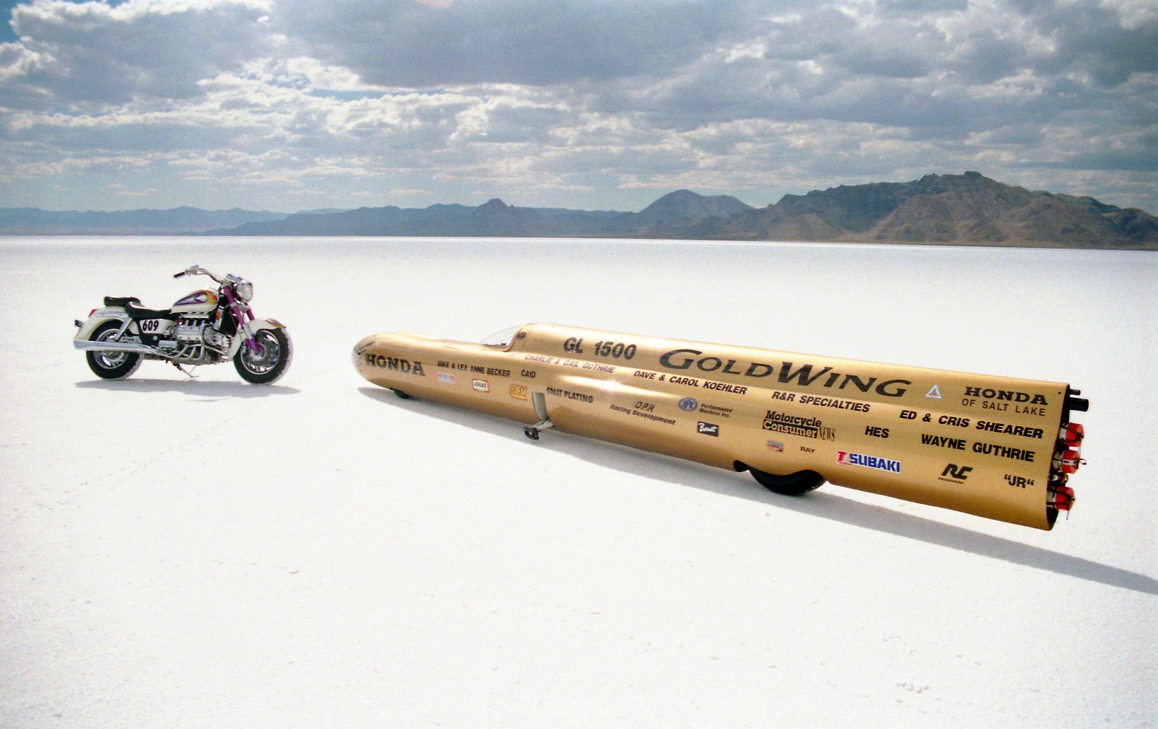 Kenny Lyons GoldWing Streamliner and bike on the salt